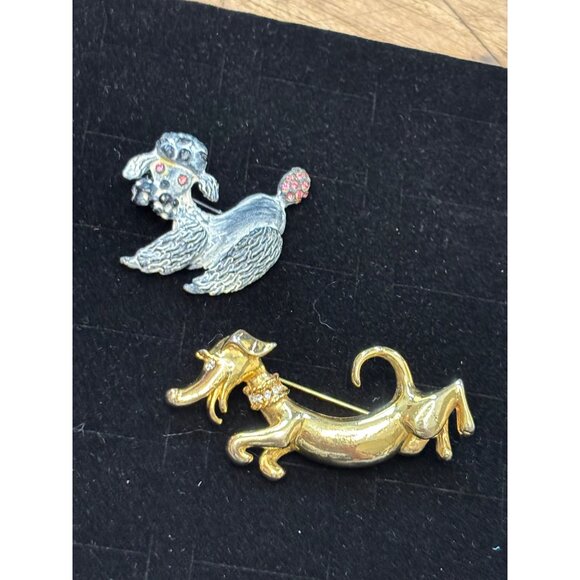 Vintage Gold & Silver-Tone Dachshund & Poodle Dog Brooch Pins With Rhinestone Ac - Picture 3 of 8